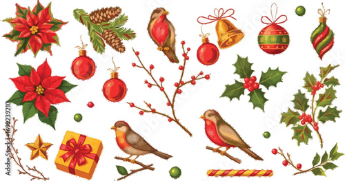 Create stunning holiday designs with these charming winter Christmas elements featuring birds, ornaments, and florals