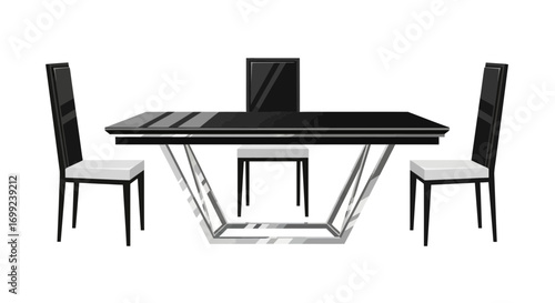Elegant contemporary dining room set with a sleek black glass table