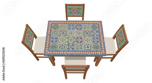 Elegant dining set with mosaic tabletop and chairs on a plain background