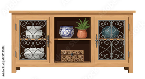 Elegant wooden cabinet with decorative details and stylish tableware items