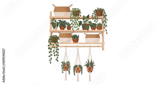 Houseplants arrangement on wooden shelves and hanging macrame planters