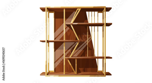 Modern shelving unit with geometric pattern in brown and golden color