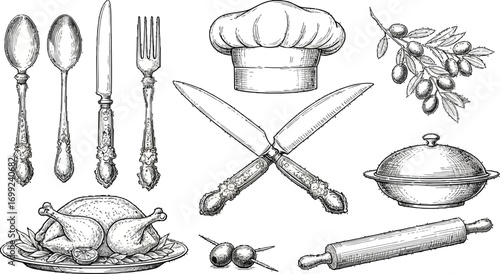 Vintage culinary elements including roasted chicken, chef hat, cutlery, olives, and rolling pin for kitchen design