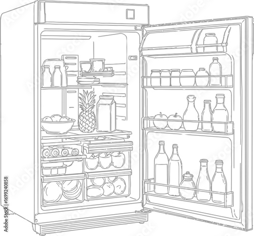 Fresh food bounty organized inside an open refrigerator, inviting healthy eating and modern kitchen appeal.