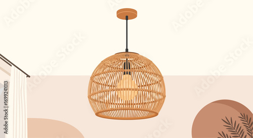 Rattan pendant light fixture illuminating minimalist modern interior