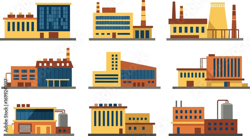 Modern factory and industrial building illustrations for business and production themes
