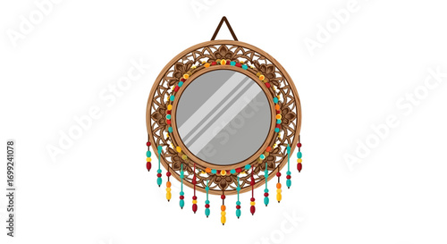 Round mirror with floral carving frame and beaded tassels bohemian decor