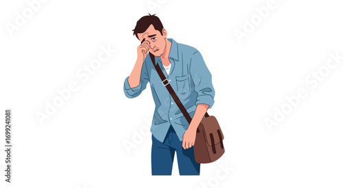 Tired young man in casual clothes rubbing his eye.