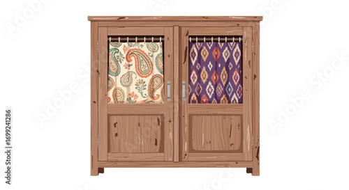 Rustic wooden cabinet with patterned curtains, a unique furniture piece