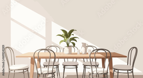 Serene dining area with modern furniture and soft color palette