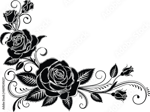 Elegant black rose floral corner design for sophisticated invitations and decorative projects