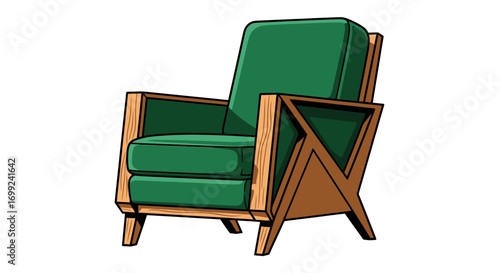 Stylish green armchair with wooden frame on a white background