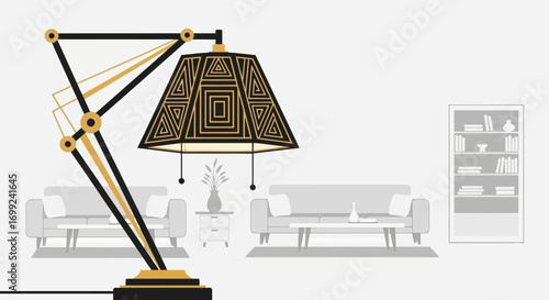 Stylish interior scene featuring a geometrically patterned modern lamp