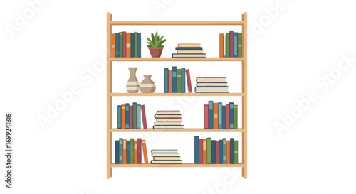 Stylized bookcase graphic illustration with books, plant, and vases