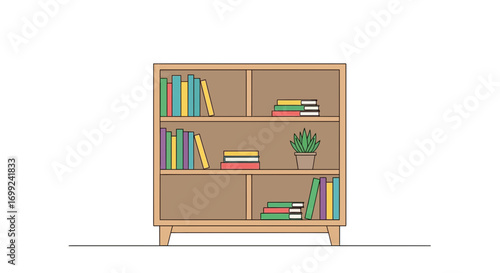 Stylized Bookshelf with Books and Plant Illustration in Minimal Style