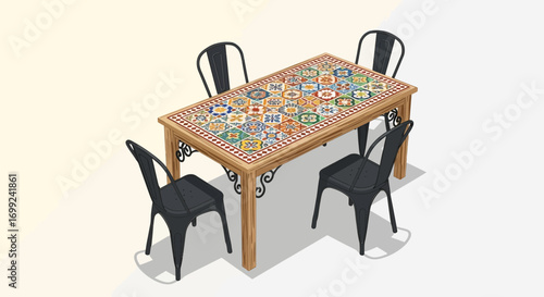 Stylized dining arrangement featuring a mosaic table and metal chairs