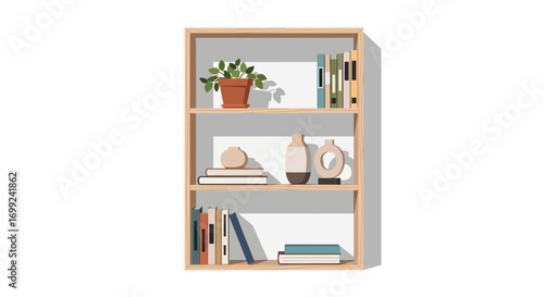 Stylized bookshelf with plant, vases and books in flat vector design