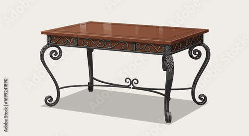 Stylized Illustration of a Decorative Wooden Table with Wrought Iron
