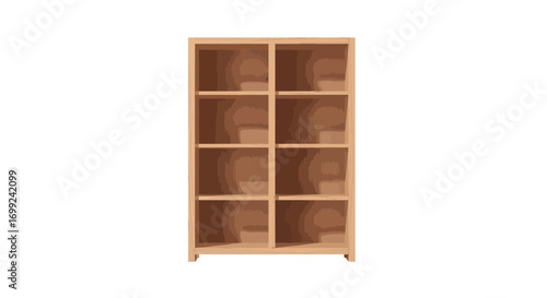 Vector illustration of a light wood bookshelf with eight empty shelves