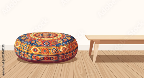 Vibrant patterned pouf and minimalist wooden bench in a serene space