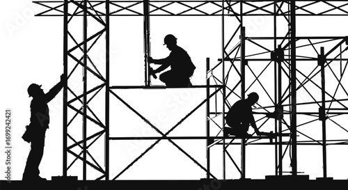 Silhouetted construction workers diligently building high structures against a bright sky