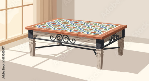 Vintage table with decorative tiles and wrought iron details near window