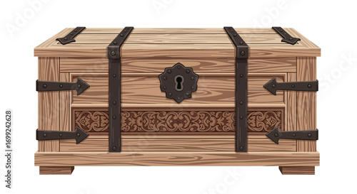 Vintage wooden treasure chest with ornamental metal details illustration