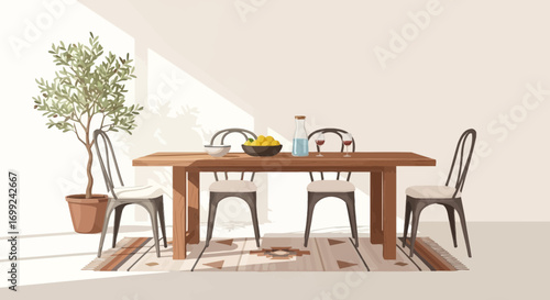 Watercolor Dining Room Still Life with Natural Light and Organic Details