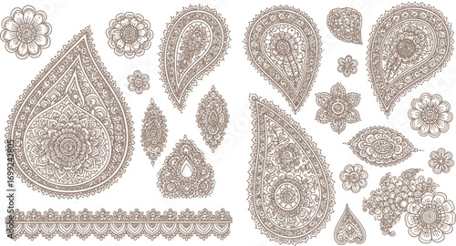 Intricate paisley and floral henna designs for elegant body art and decorative applications