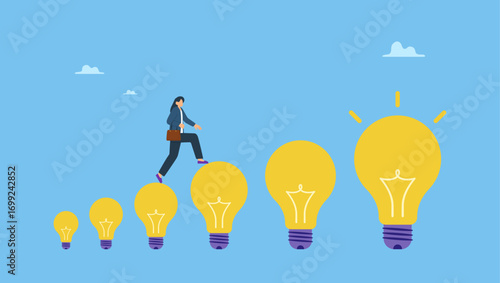 Smart businesswoman walking on innovative light bulb idea lamp as stairway to success. Career success with business knowledge or creativity, woman leadership or career growth and achievement.