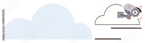 Surveillance camera mounted within cloud interface design, symbolizing data security, cloud technology, and remote monitoring. Ideal for cybersecurity, privacy, IoT, digital safety, data backup