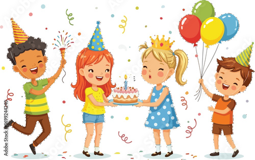 Joyful children celebrating birthday with cake, balloons, and party hats, spreading festive cheer