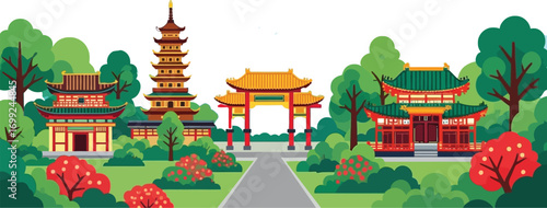 Vibrant Asian temple complex nestled amidst lush greenery and blooming trees under a clear sky