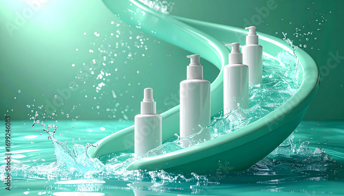 Creative 3D illustration of a cosmetic product line on a water park slide, symbolizing a fresh and hydrating skincare experience