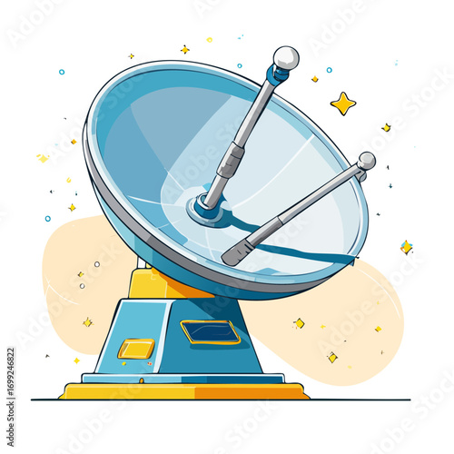 Cartoon satellite dish antenna for communication and data transmission.