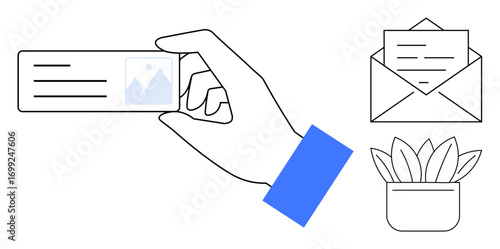 Hand holding business card next to an open envelope containing a letter and a small potted succulent plant. Ideal for business communication, networking, correspondence, professionalism, branding