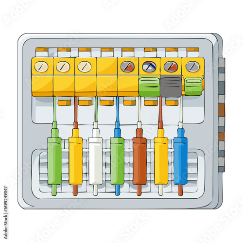 Electrical panel with a multicolored wire terminal connection block isolated on white.
