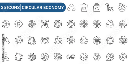 Circular Economy web Icon Set in Line Style. Pictograms and infographics for mobile apps, web. Editable stroke. Vector Illustration.	