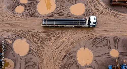An aerial perspective displays a vehicle carrying numerous long, dark pipes on a muddy roadway. Tire tracks and puddles are visible. The scene has an overcast, muted palette