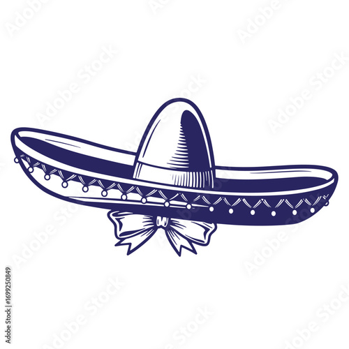 Artistic illustration of a classic mexican sombrero with bow and detailed engraving