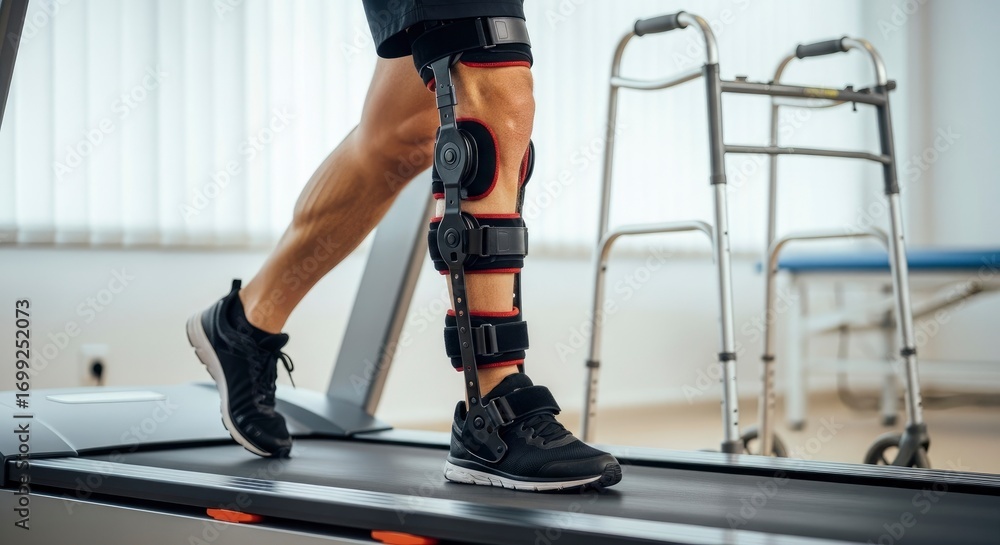 Fototapeta premium A person with a knee brace walks on a treadmill during physical therapy, focusing on rehabilitation and recovery. Medical equipment like a walker is visible in the background.