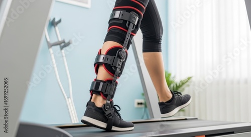 Person with a leg brace walking on a treadmill for physical therapy and injury rehabilitation. Focus on recovery and regaining mobility after an accident or surgery.