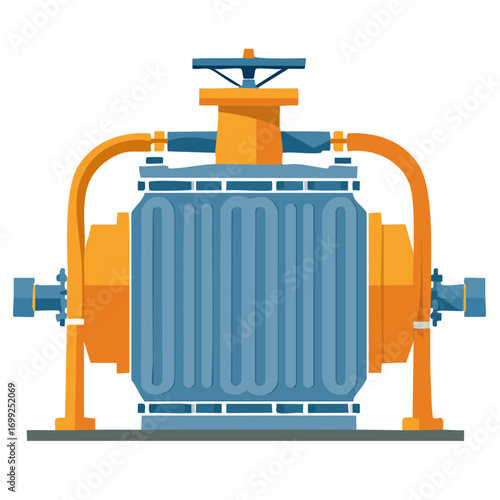 Industrial pump machinery with pipes and valve illustration.