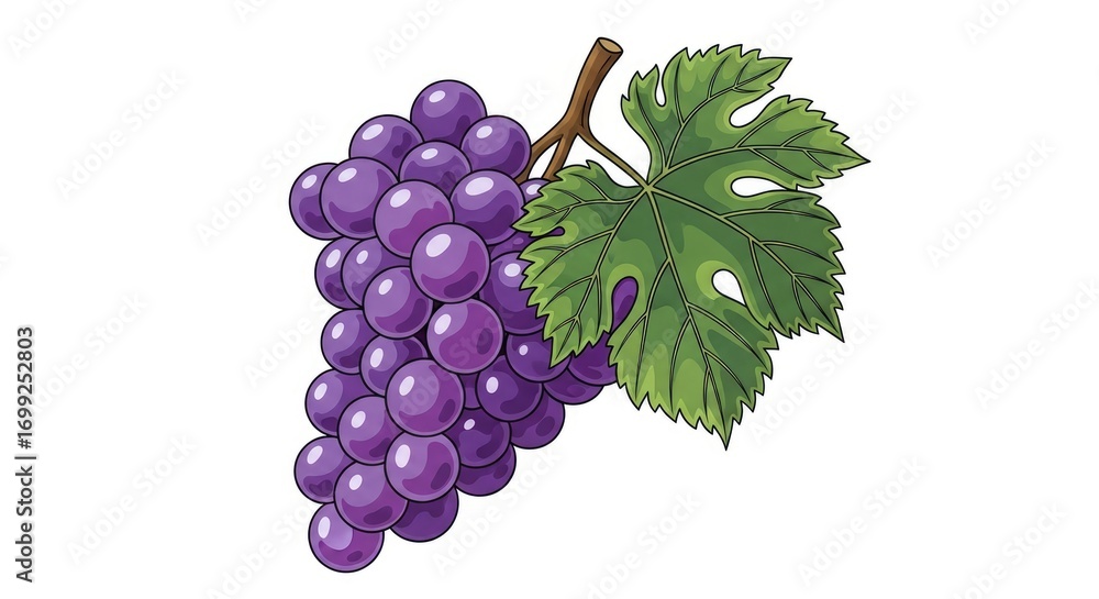 Obraz premium Vibrant illustration of a bunch of fresh purple grapes with a green leaf and stem, isolated on a white background. Perfect for healthy eating, fruit, or wine-related designs.