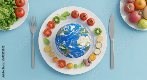 Earth globe on a plate surrounded by fresh fruits and vegetables, symbolizing global nutrition, healthy eating, and environmental awareness on a blue background.