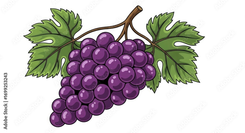 Obraz premium A vibrant cartoon illustration of a bunch of purple grapes with green leaves and a stem, isolated on a white background. Perfect for food, drink, or health-related designs.