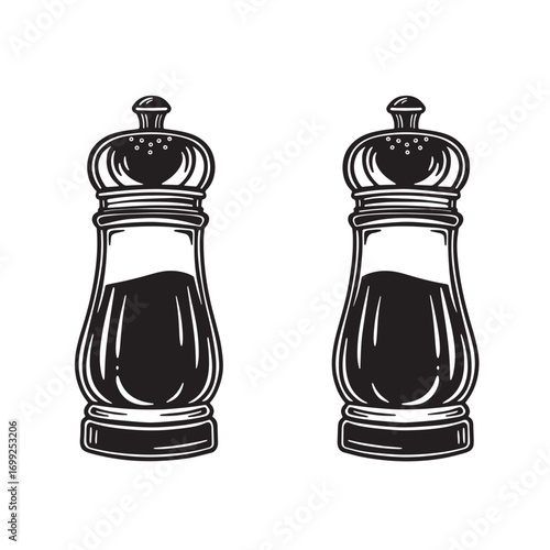 Black and white illustration of two salt and pepper shakers side by side