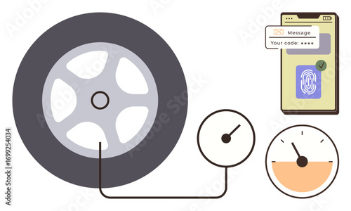 Car tire with pressure monitoring, gauges, and a smartphone showing security code and fingerprint approval. Ideal for automotive safety, digital integration, smart tech, transportation, innovation