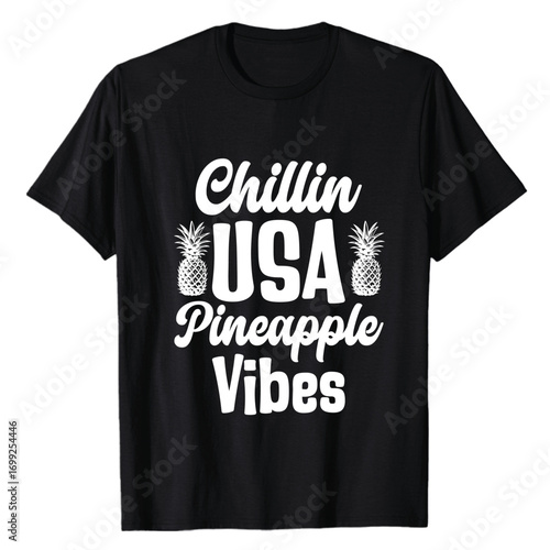 Chillin usa pineapple vibes text design graphic applied to black t shirt apparel