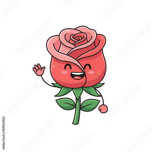 Adorable cartoon rose character with a happy smiling face waving hello. Cute kawaii flower mascot vector illustration
